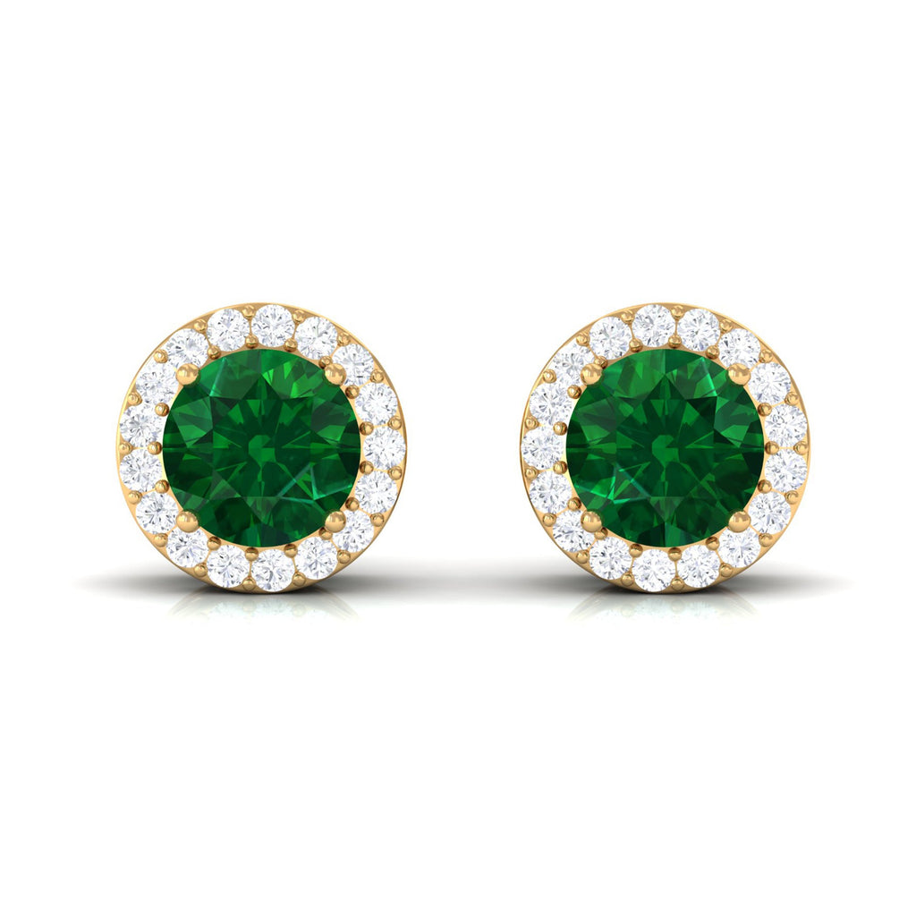 Created Emerald and Diamond Classic Halo Stud Earrings