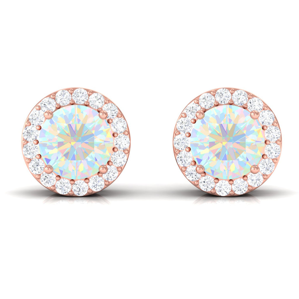 2 CT Round Ethiopian Opal Minimal Stud Earrings with Diamond Halo in Prong Setting