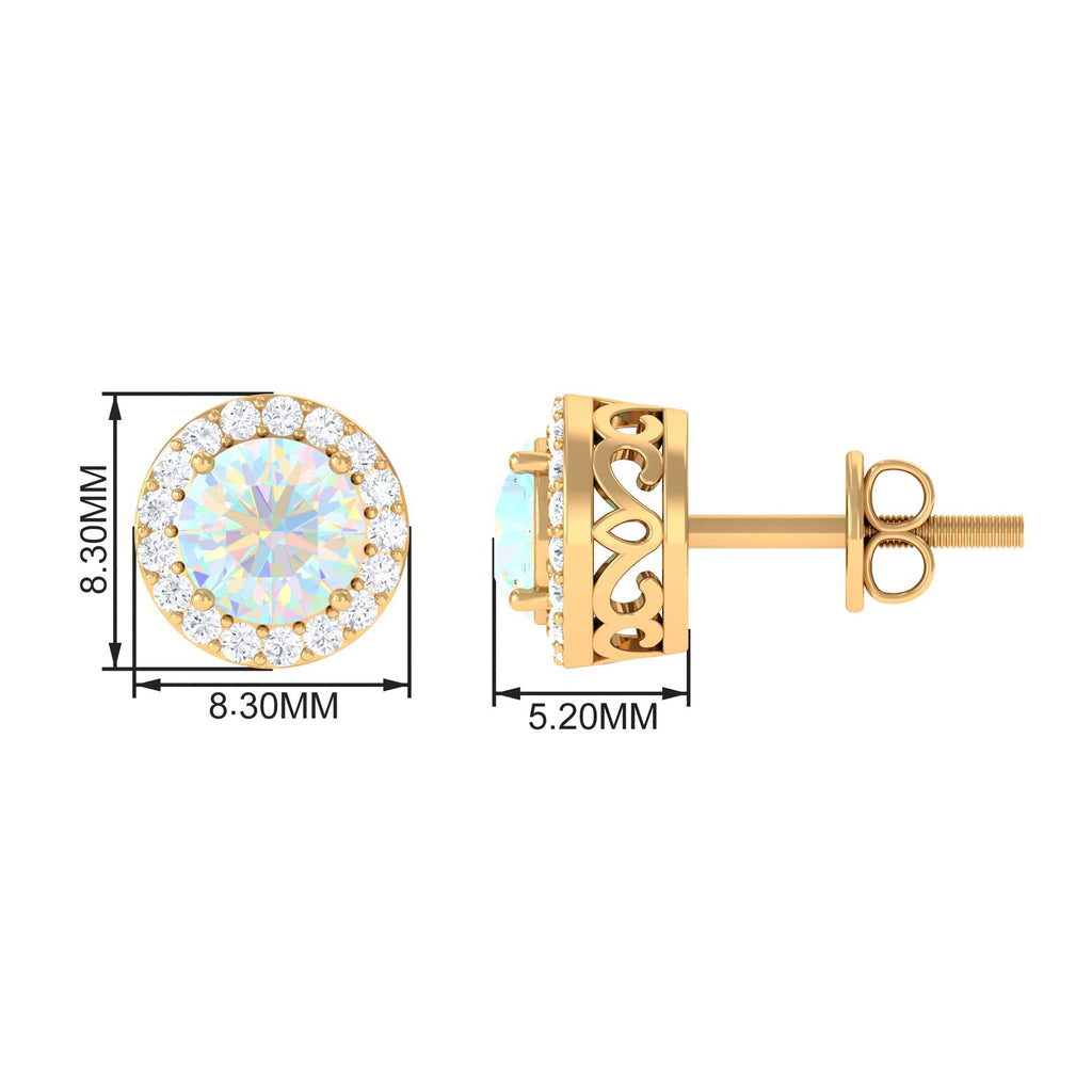 2 CT Round Ethiopian Opal Minimal Stud Earrings with Diamond Halo in Prong Setting
