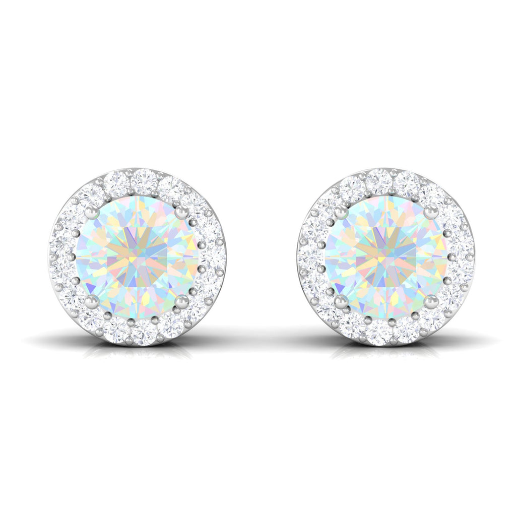 2 CT Round Ethiopian Opal Minimal Stud Earrings with Diamond Halo in Prong Setting