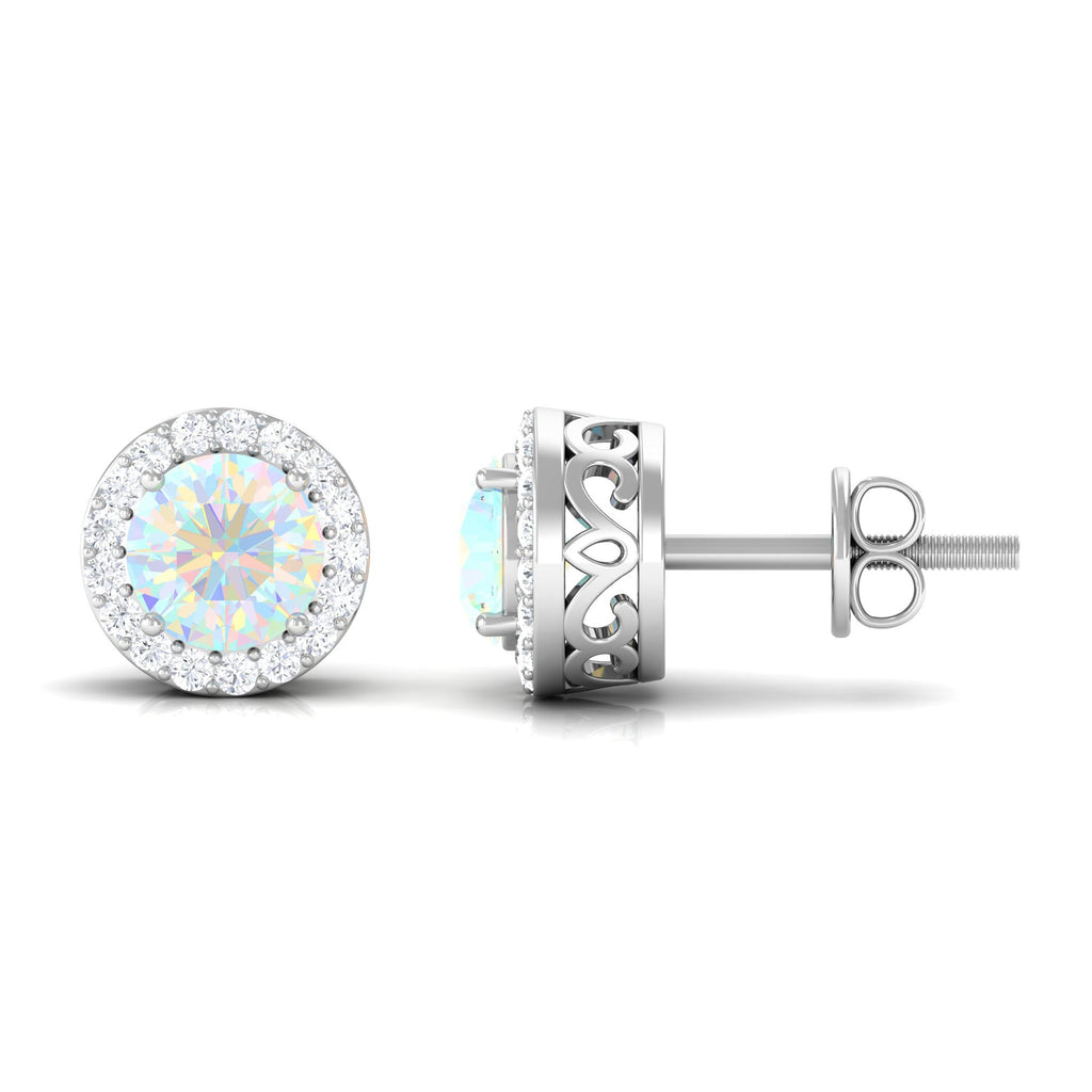 2 CT Round Ethiopian Opal Minimal Stud Earrings with Diamond Halo in Prong Setting