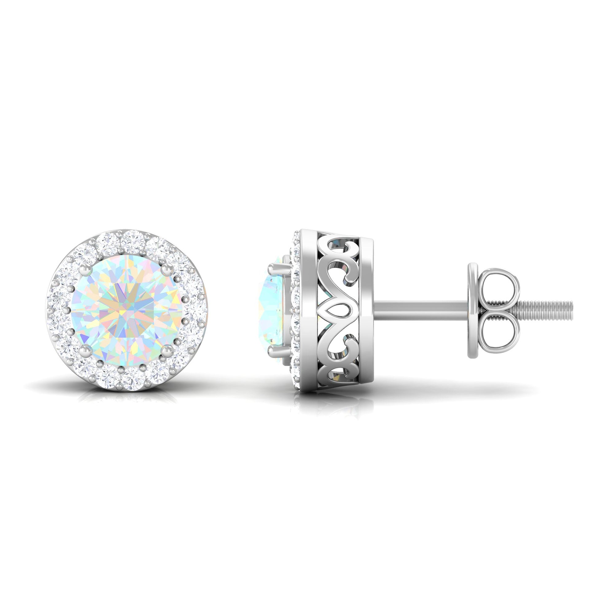 2 CT Round Ethiopian Opal Minimal Stud Earrings with Diamond Halo in Prong Setting