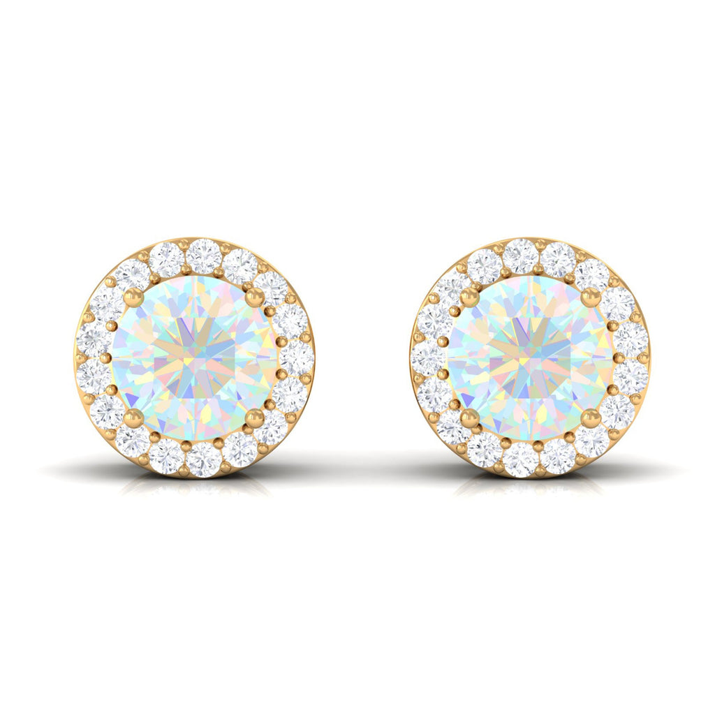 2 CT Round Ethiopian Opal Minimal Stud Earrings with Diamond Halo in Prong Setting