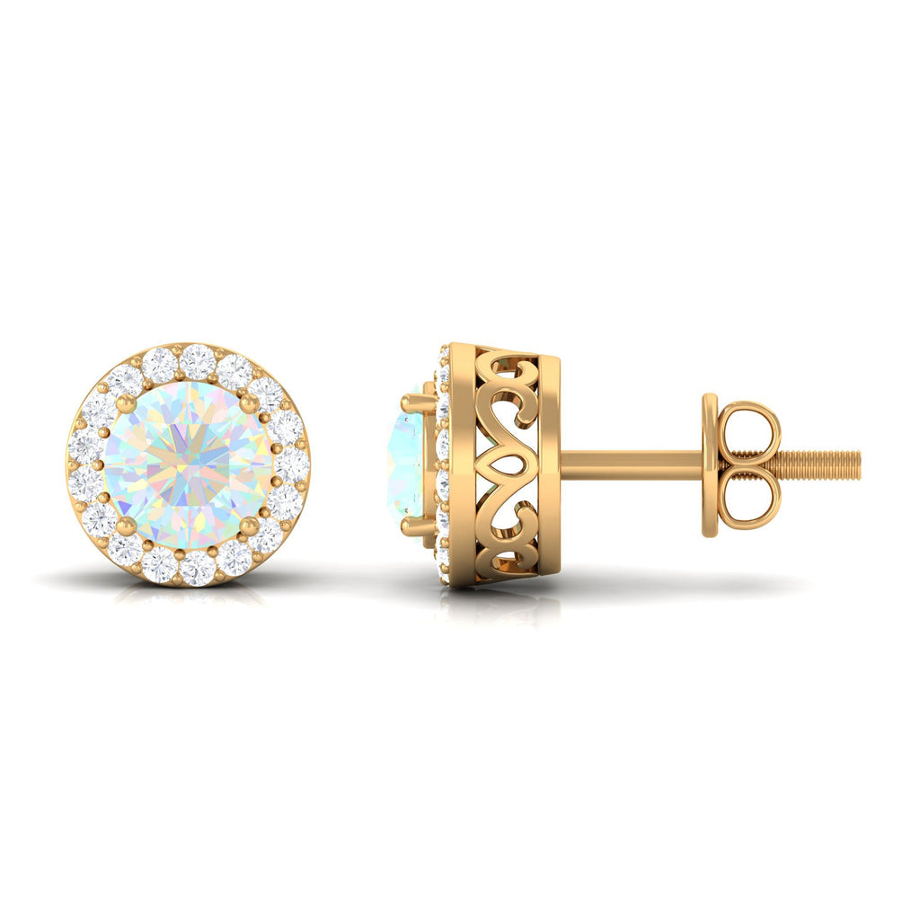 2 CT Round Ethiopian Opal Minimal Stud Earrings with Diamond Halo in Prong Setting