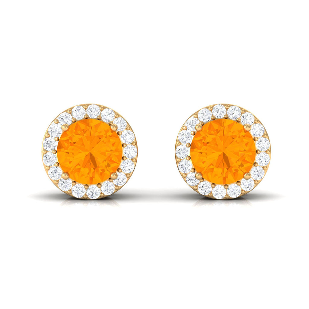 Round Fire Opal Minimal Halo Stud Earrings with Diamond