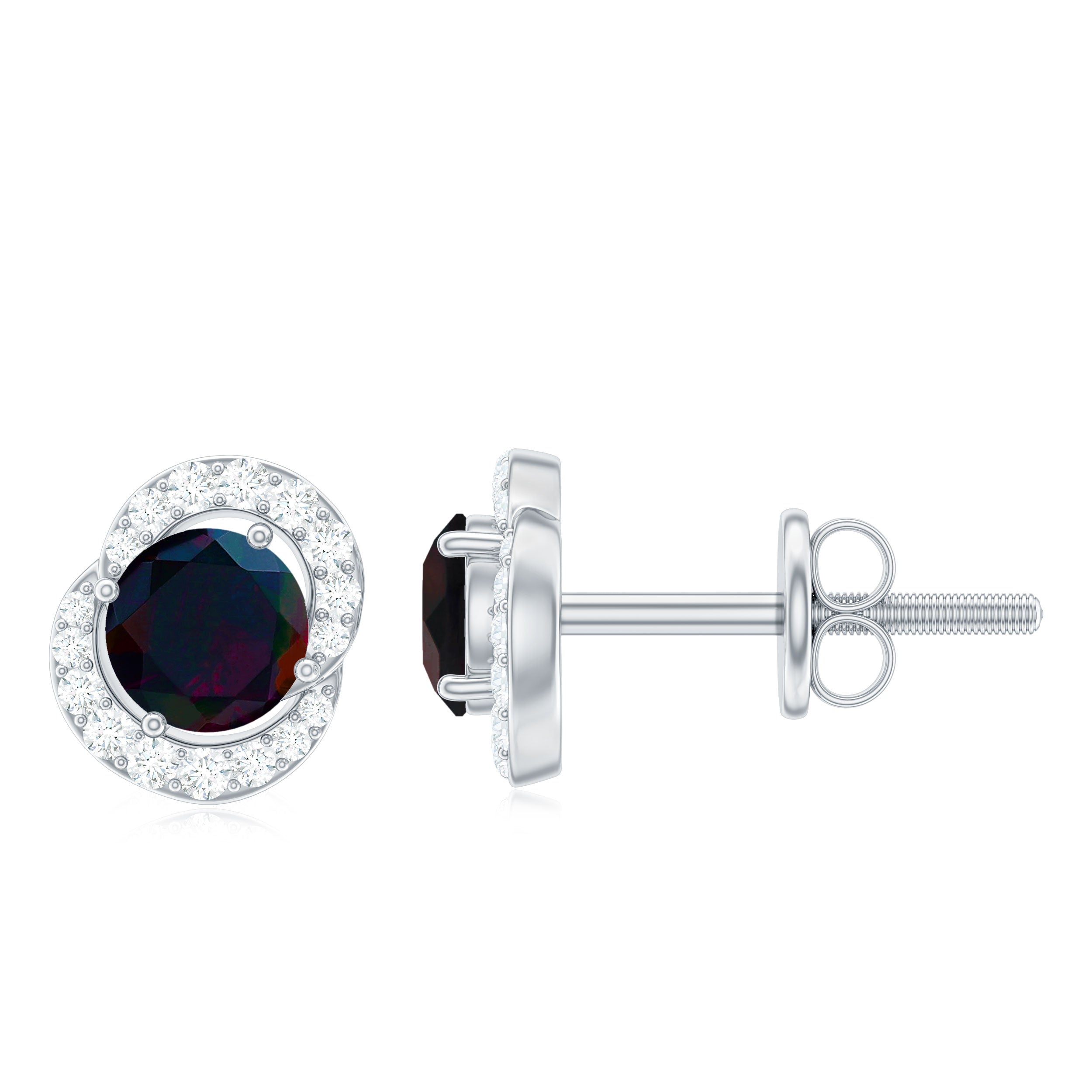 Natural Black Opal Stud Earrings with Diamond