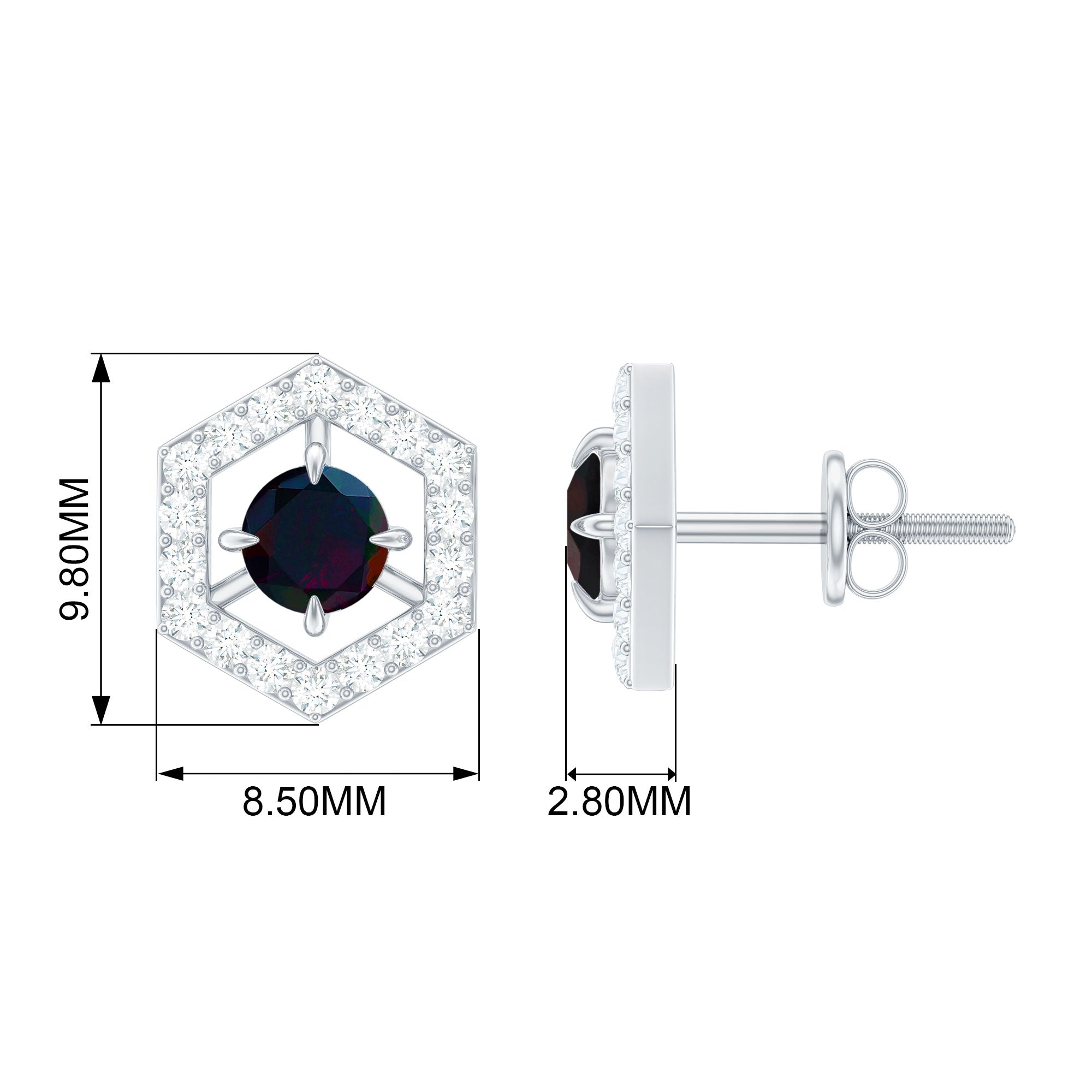 1 CT Minimal Black Opal and Diamond Geometric Stud Earrings