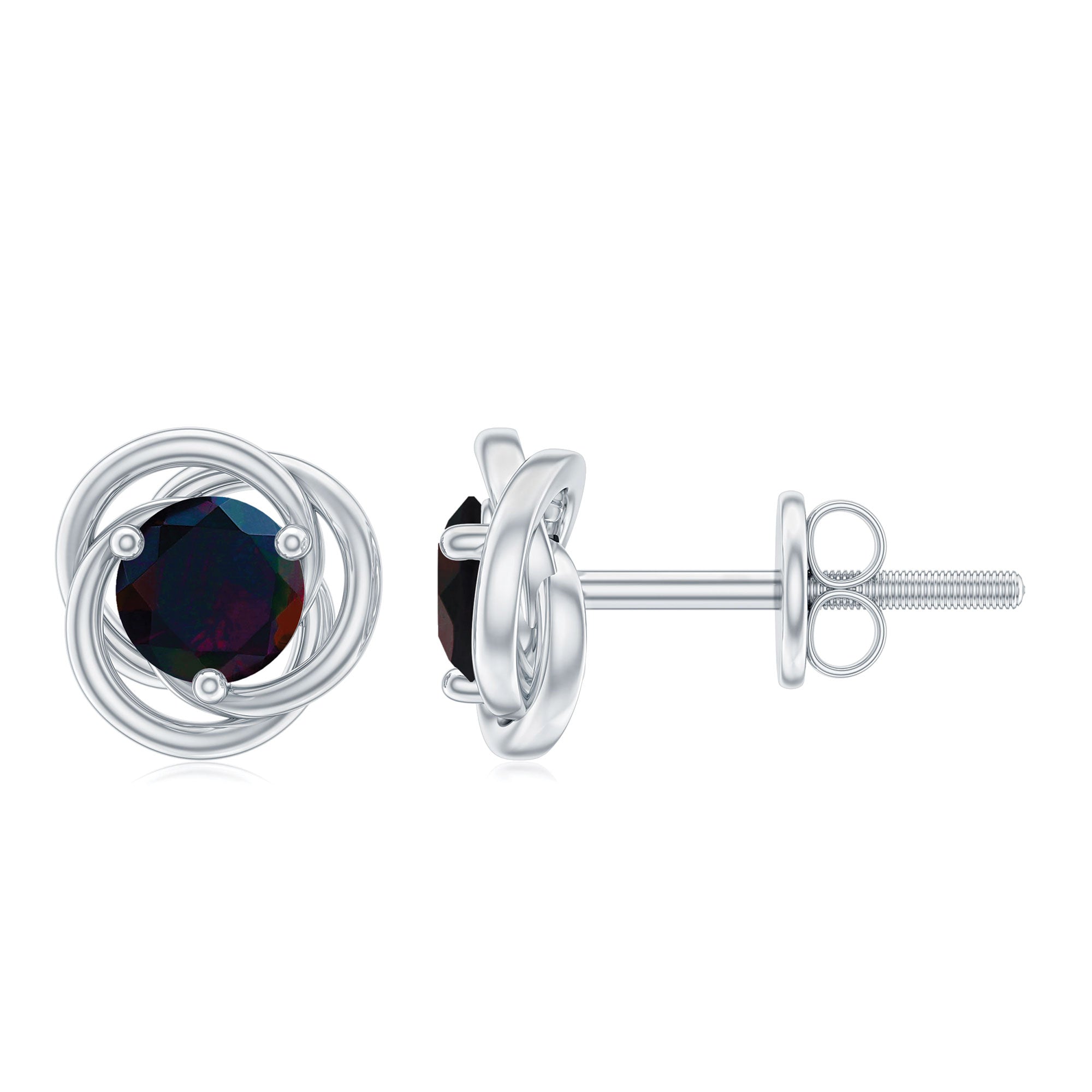 Natural Black Opal Solitaire Swirl Stud Earrings