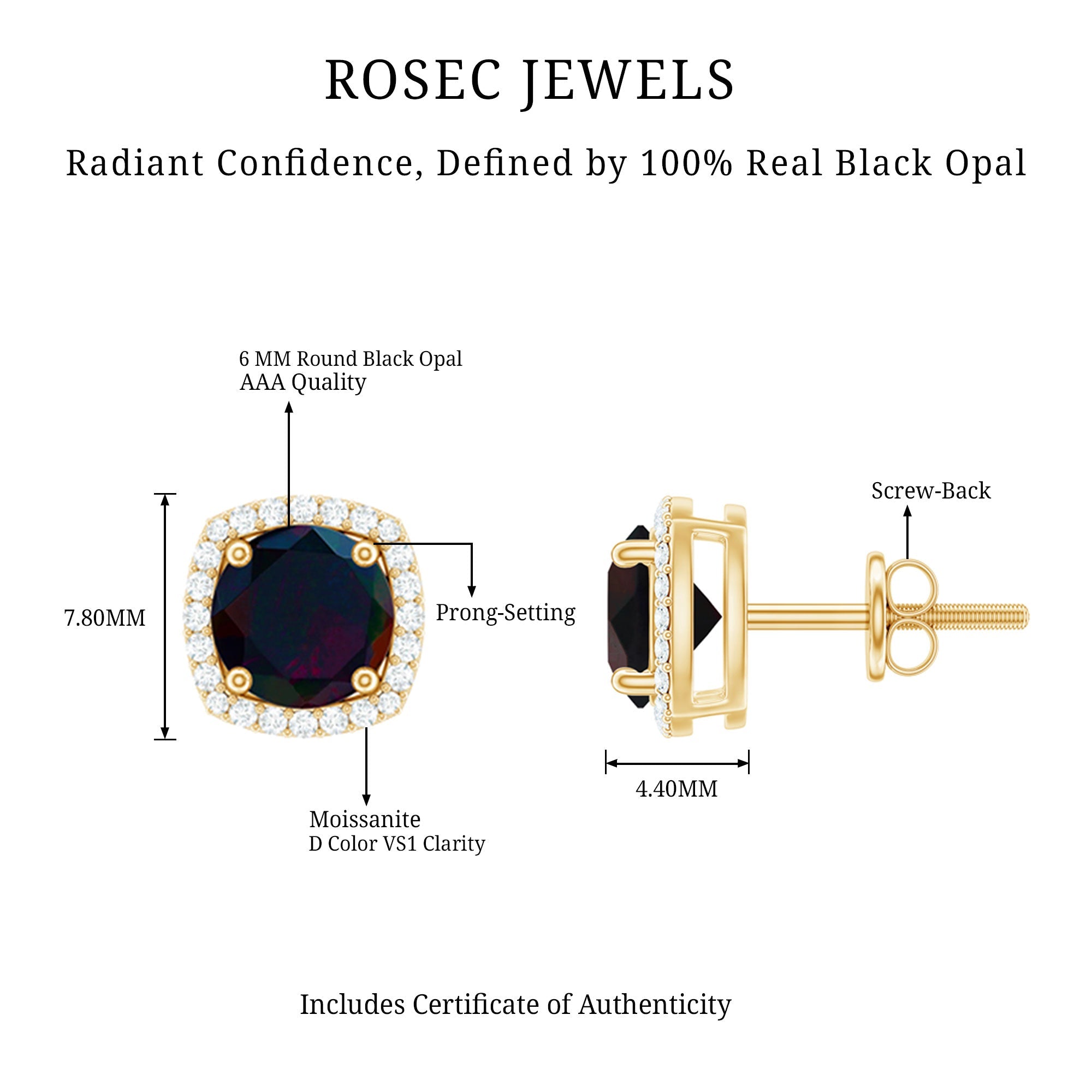 Round Shape Black Opal Stud Earrings with Moissanite Halo