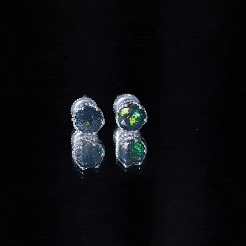 Natural Black Opal Crown Stud Earrings with Screw Back