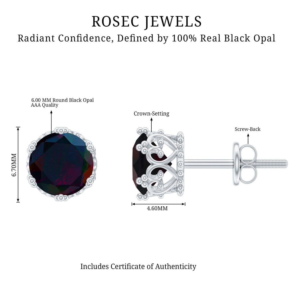 Natural Black Opal Crown Stud Earrings with Screw Back