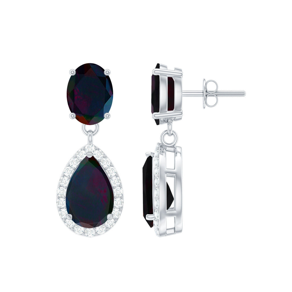 Oval and Pear Shape Black Opal Drop Earrings with Diamond