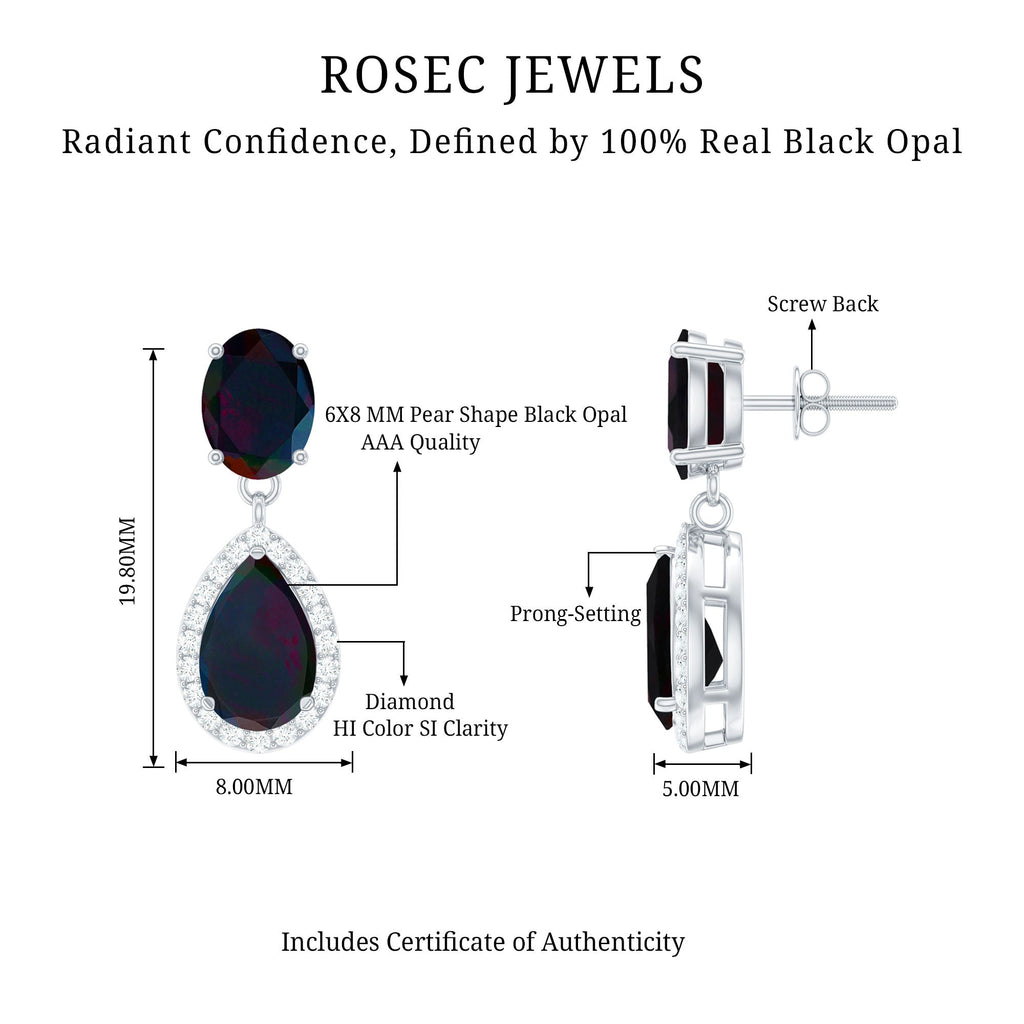 Oval and Pear Shape Black Opal Drop Earrings with Diamond