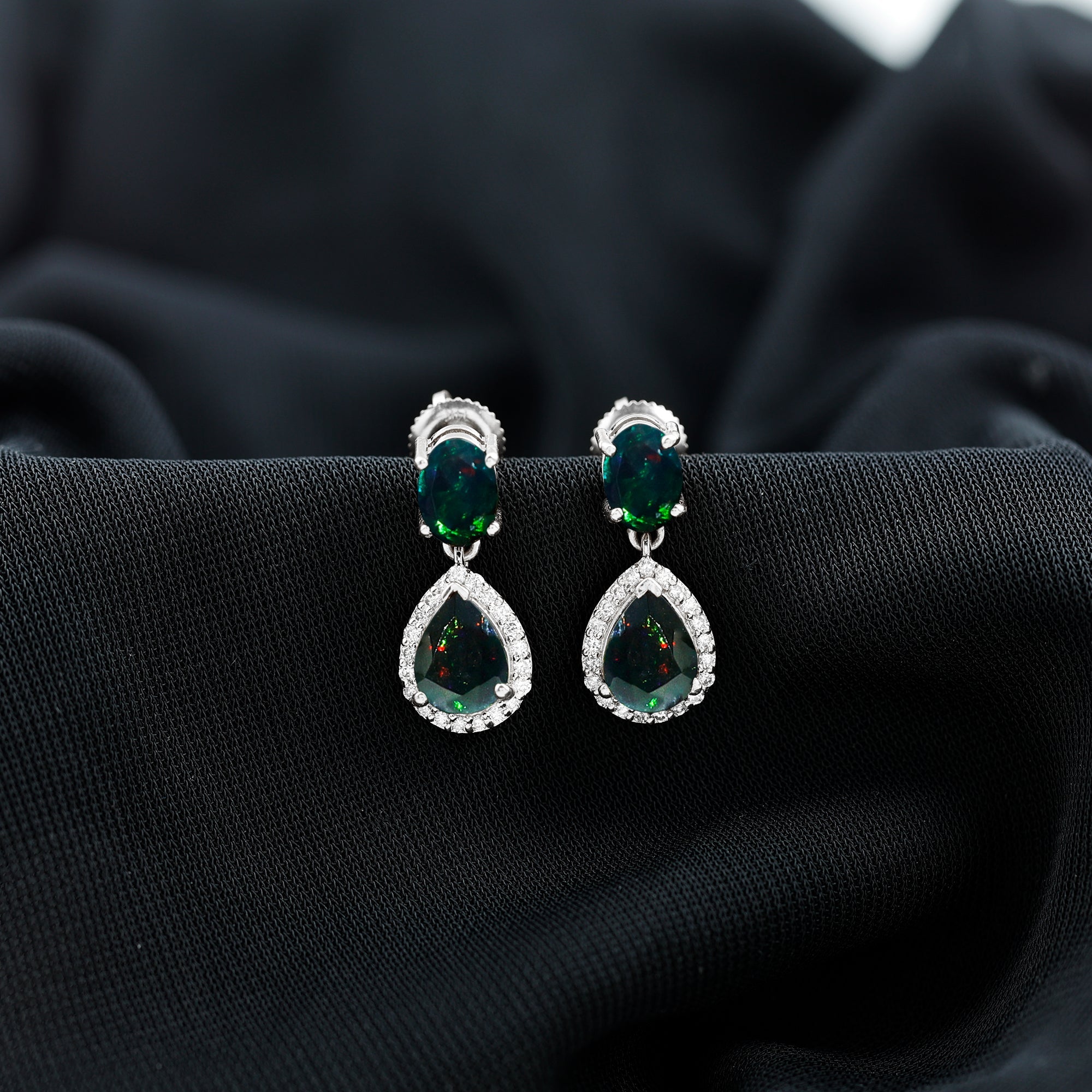Oval and Pear Shape Black Opal Drop Earrings with Diamond