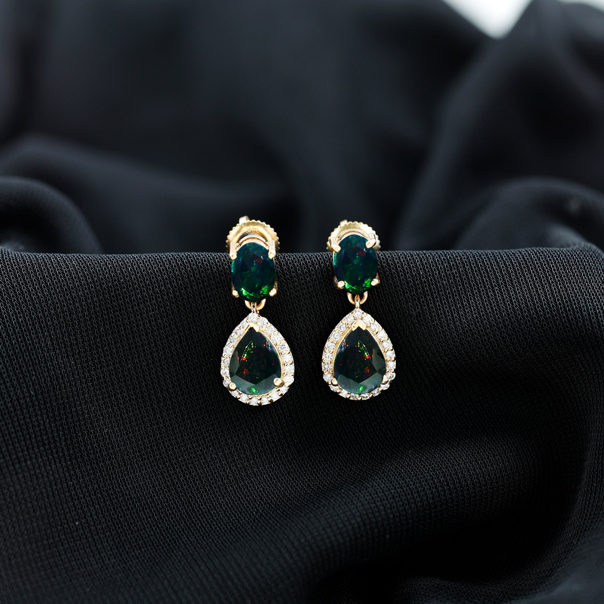 Oval and Pear Shape Black Opal Drop Earrings with Diamond