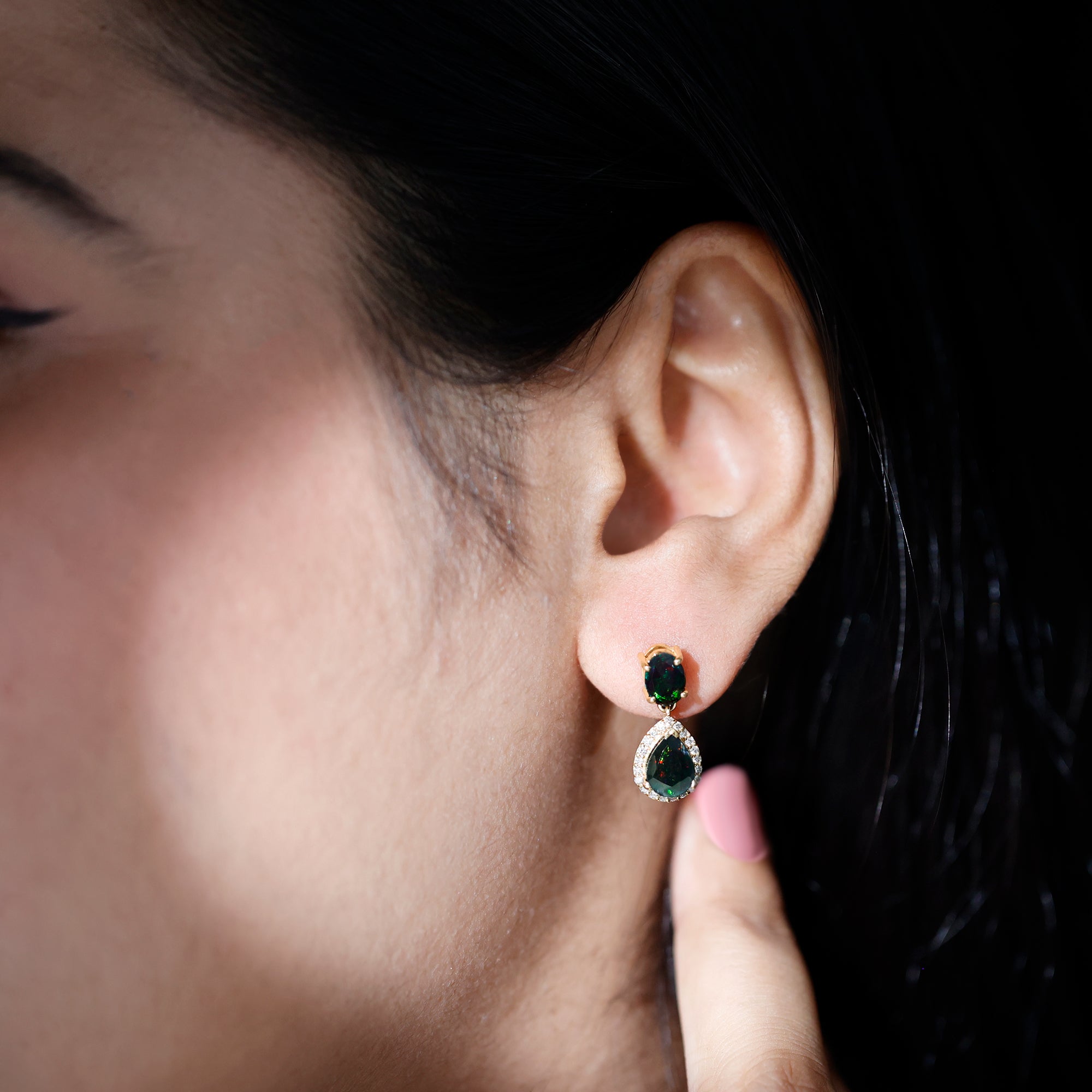 Oval and Pear Shape Black Opal Drop Earrings with Diamond