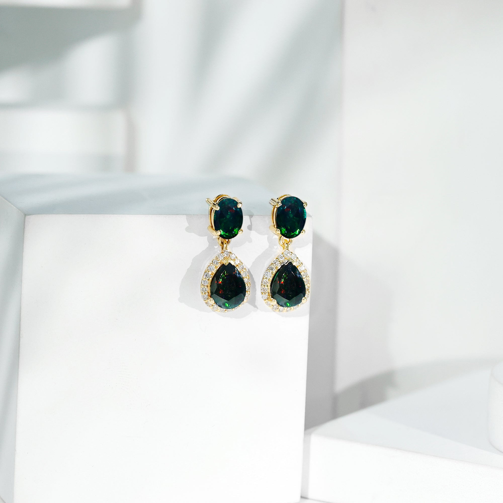 Oval and Pear Shape Black Opal Drop Earrings with Diamond