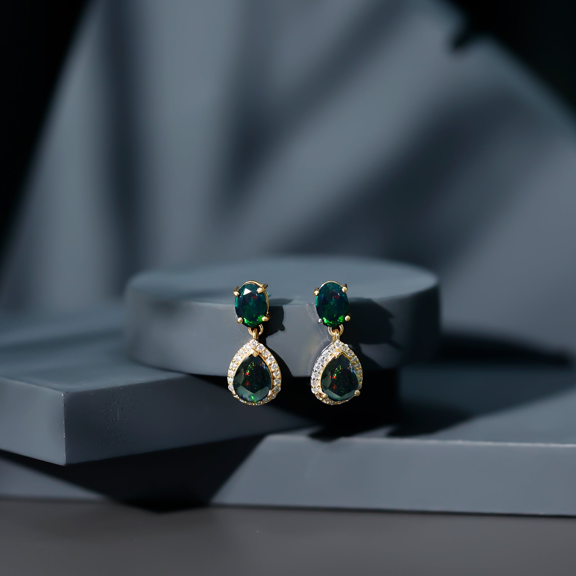 Oval and Pear Shape Black Opal Drop Earrings with Diamond