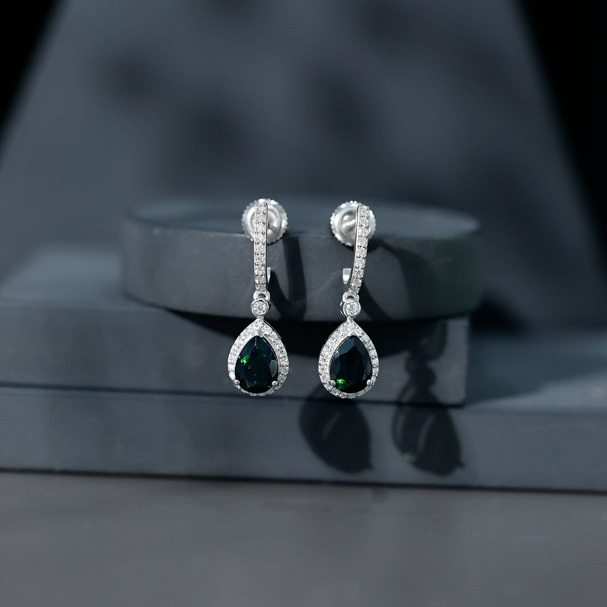 Natural 2 Carat Black Opal Teardrop Earrings with Moissanite