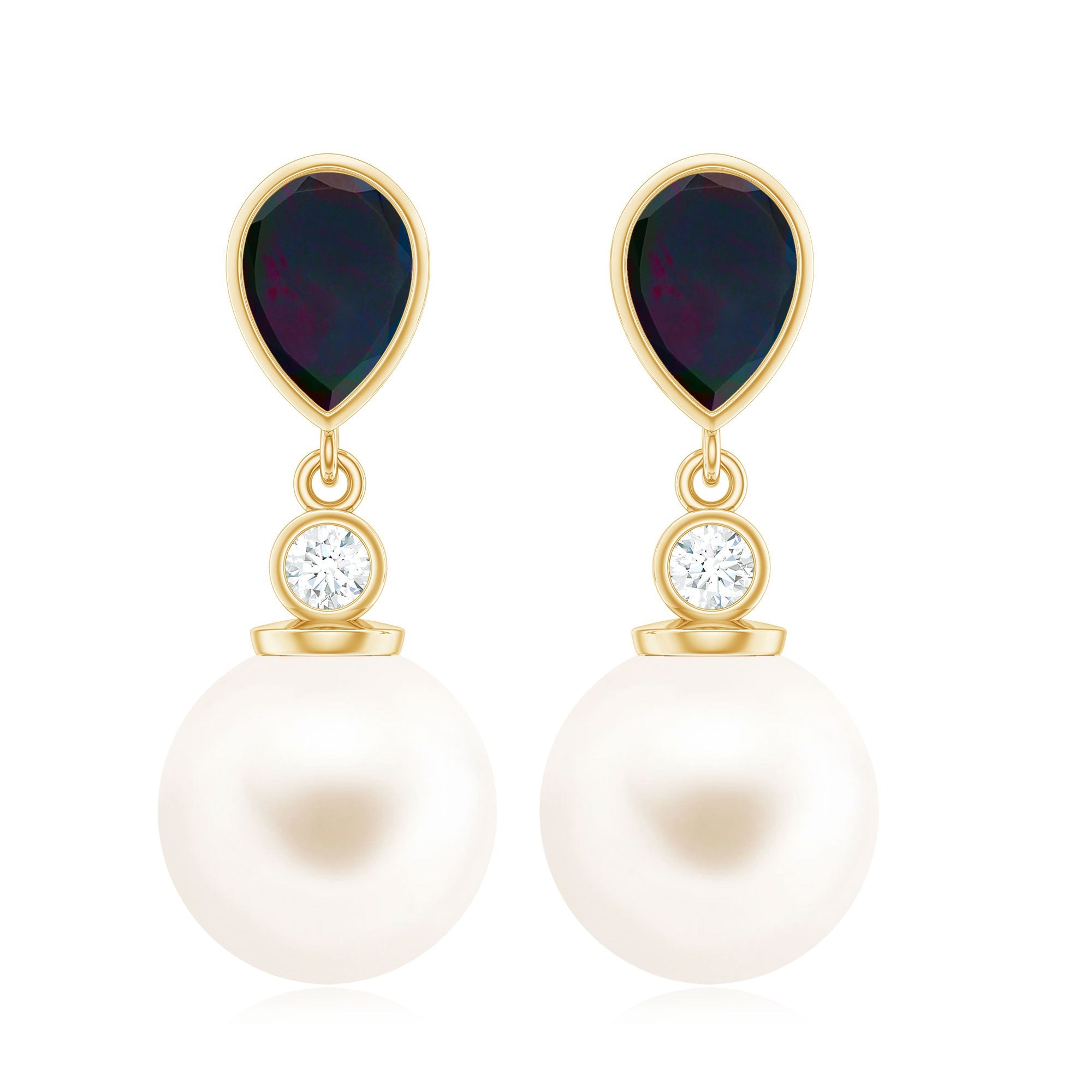 Freshwater Pearl Drop Earrings with Black Opal and Diamond