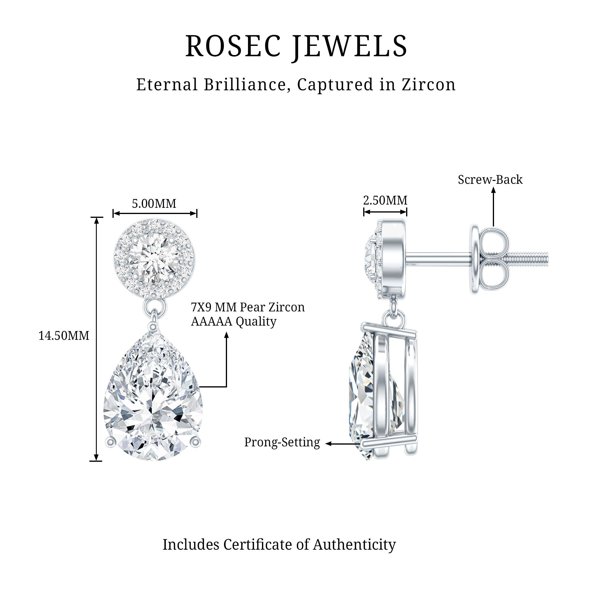 Certified 7X9 MM Zirconia Pear Drop Earrings for Wedding