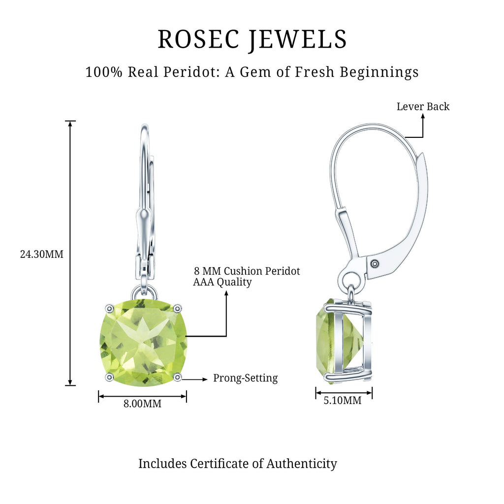 4 Carat Cushion Cut Peridot Solitaire Drop Earrings with Leverback