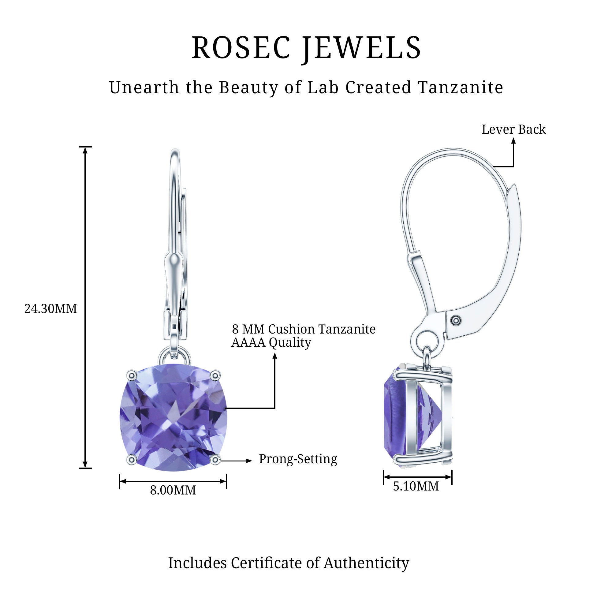 5.5 Carat Cushion Cut Lab Created Tanzanite Solitaire Drop Earrings