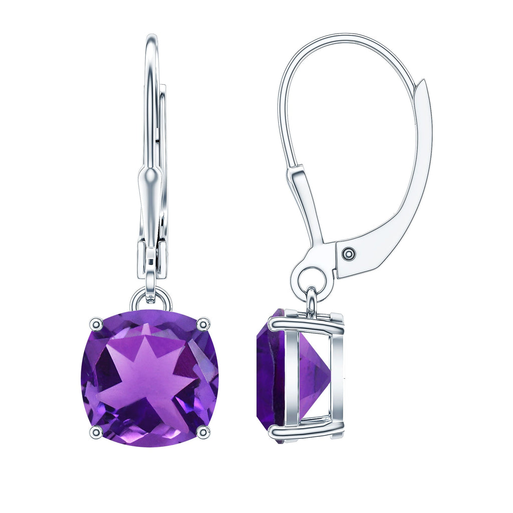 Natural 8mm Cushion Cut Amethyst Drop Earrings with Lever Back