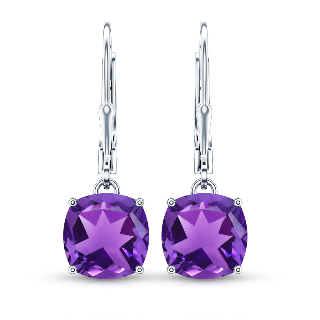 Natural 8mm Cushion Cut Amethyst Drop Earrings with Lever Back