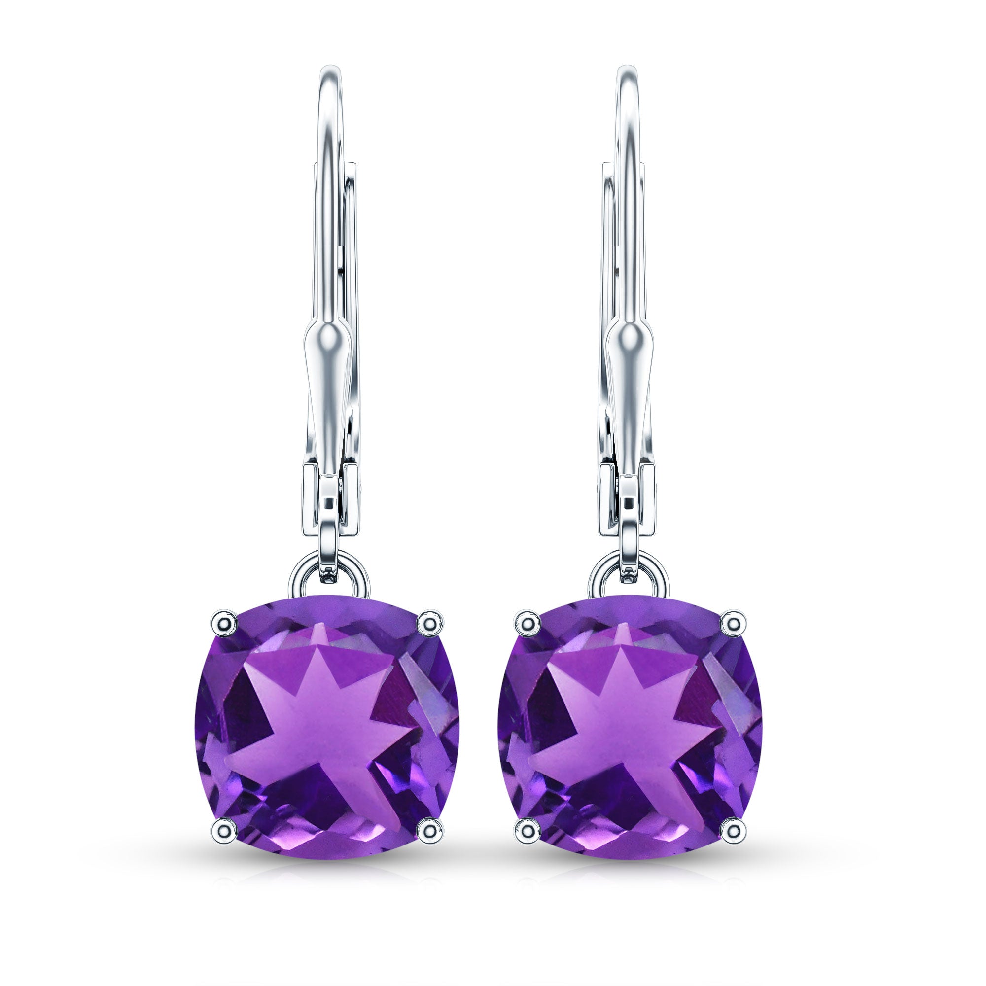 Natural 8mm Cushion Cut Amethyst Drop Earrings with Lever Back
