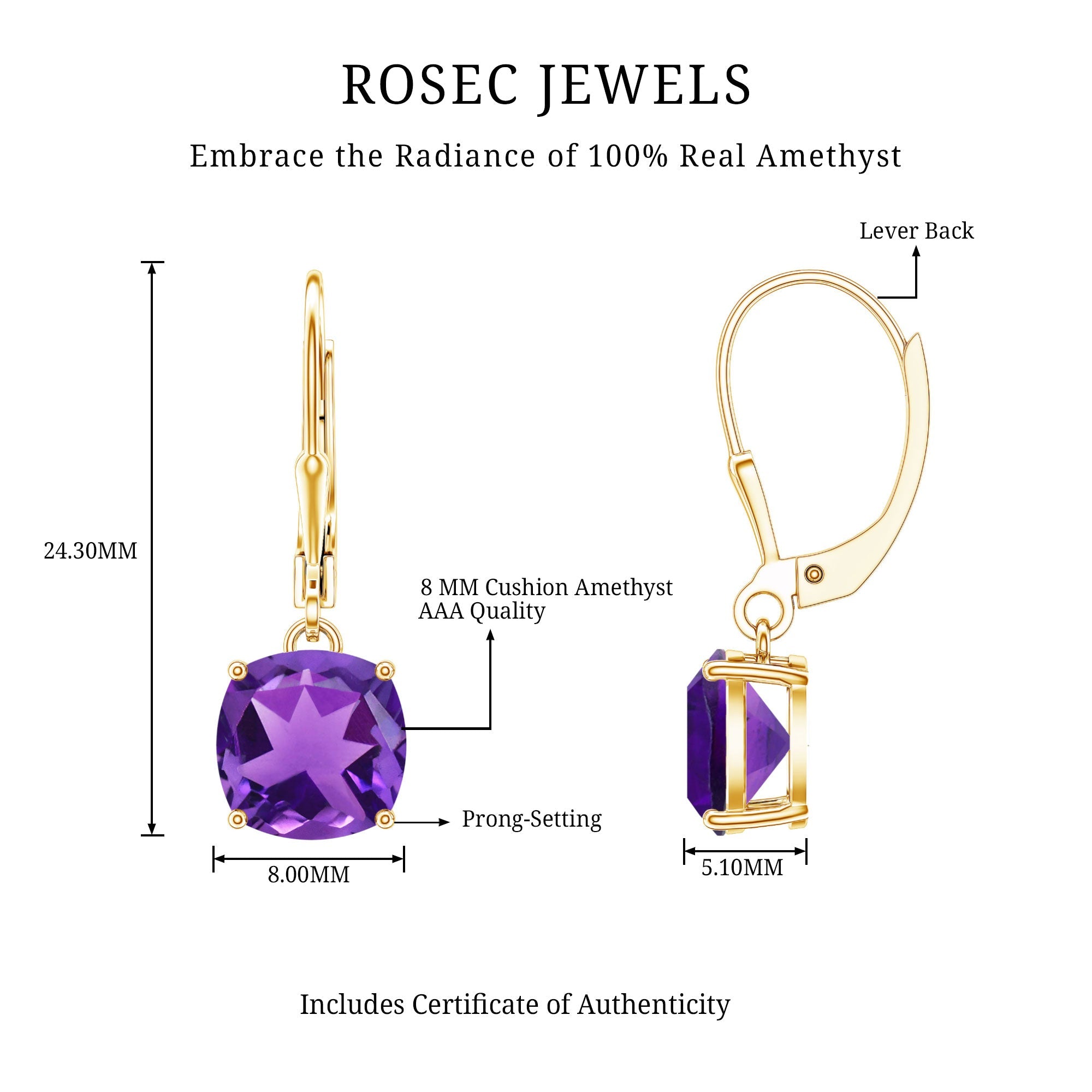 Natural 8mm Cushion Cut Amethyst Drop Earrings with Lever Back