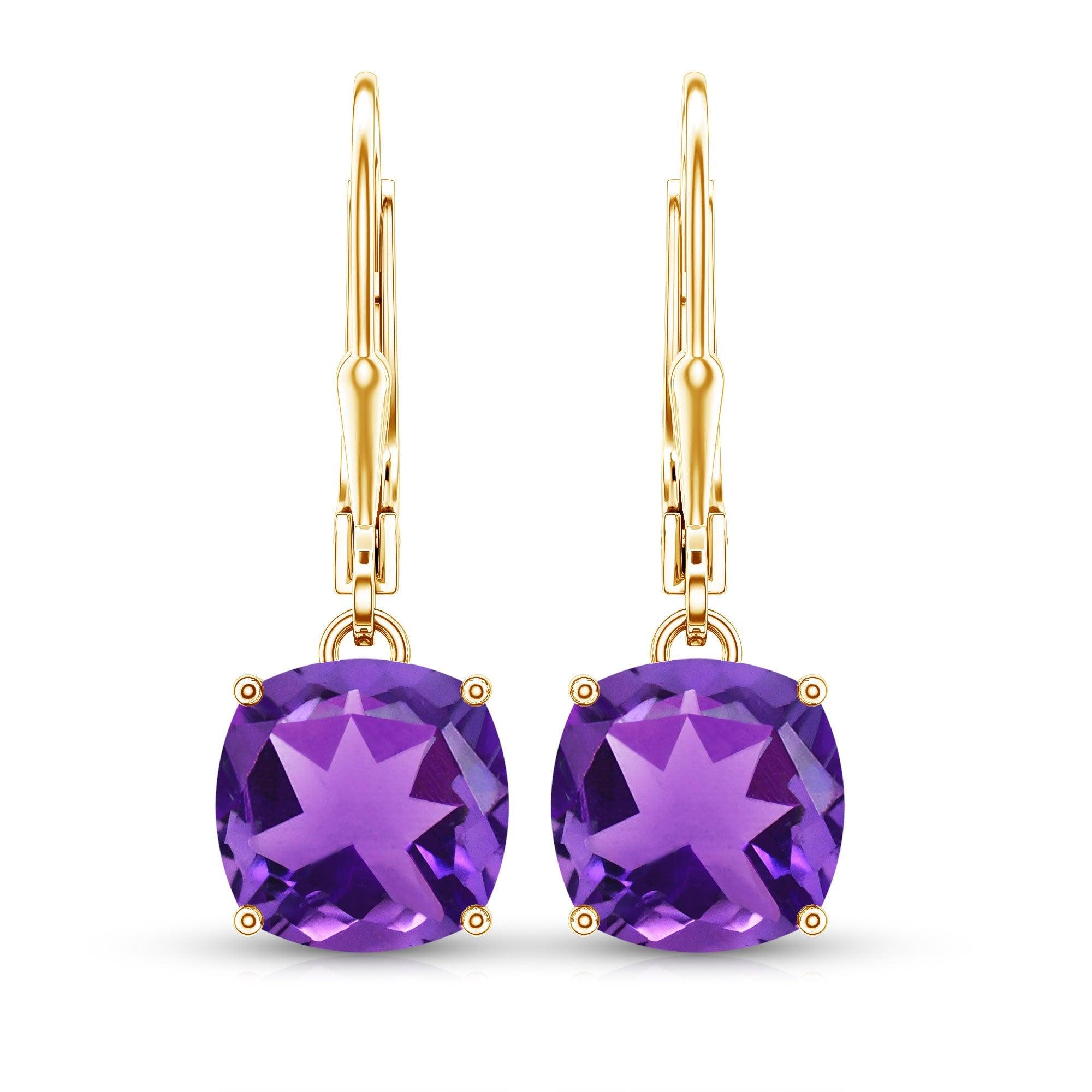 Natural 8mm Cushion Cut Amethyst Drop Earrings with Lever Back
