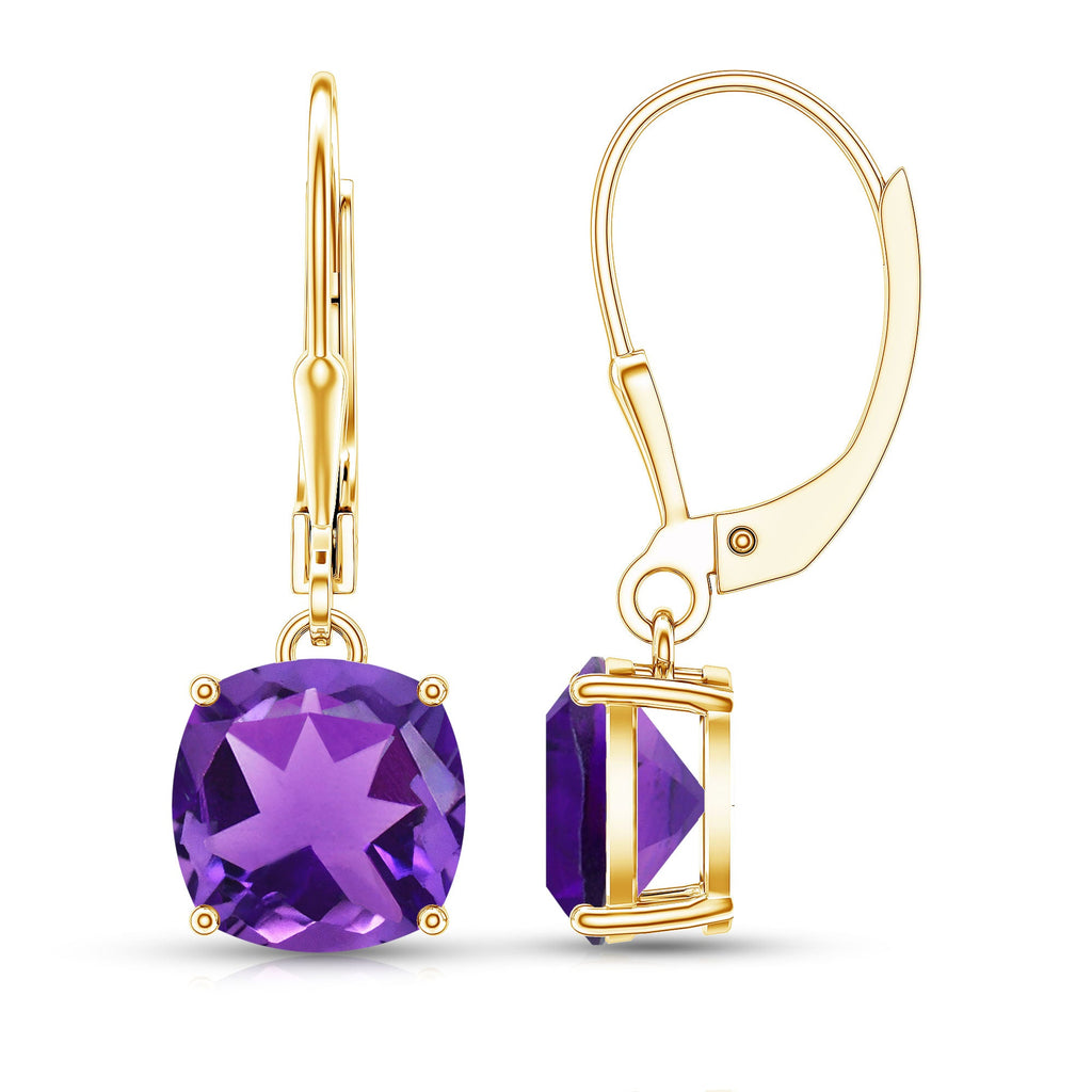 Natural 8mm Cushion Cut Amethyst Drop Earrings with Lever Back