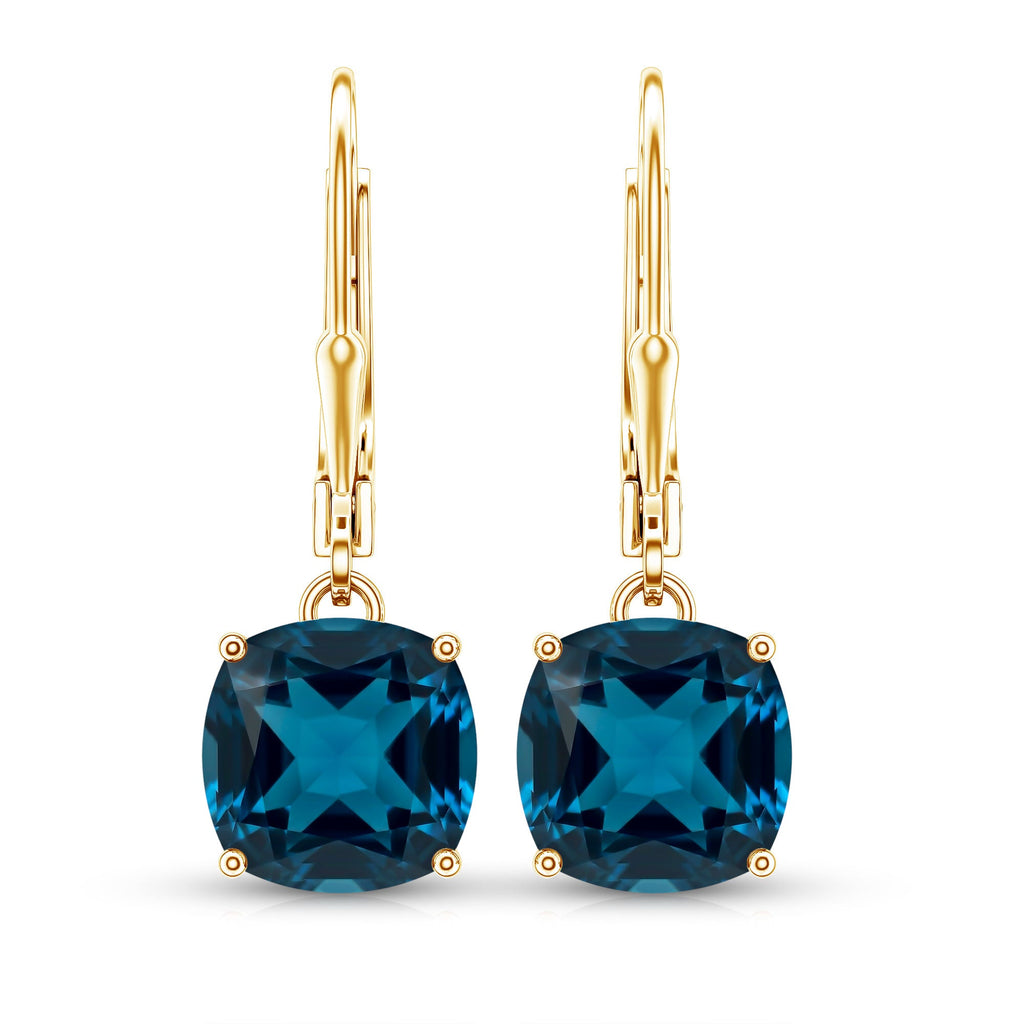 Cushion Cut London Blue Topaz Solitaire Drop Earrings
