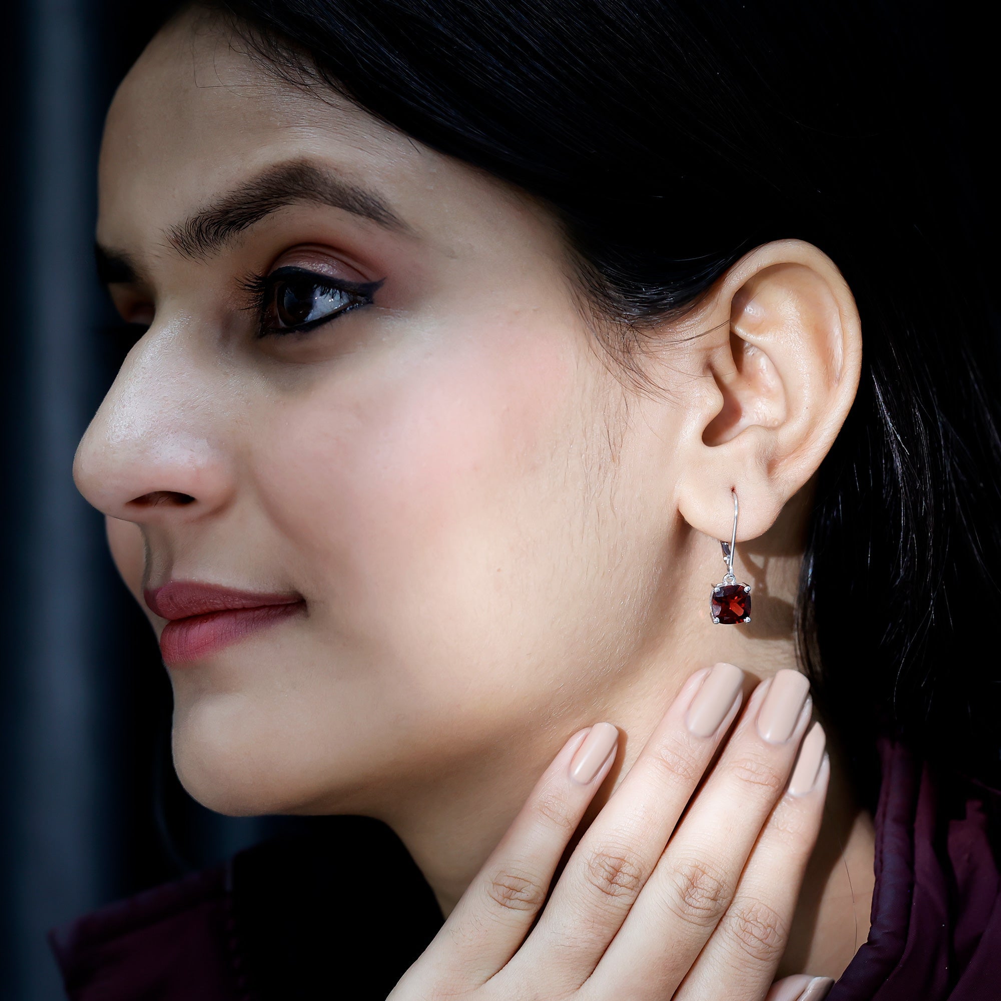8 MM Cushion Cut Garnet Solitaire Drop Earrings with Lever Back
