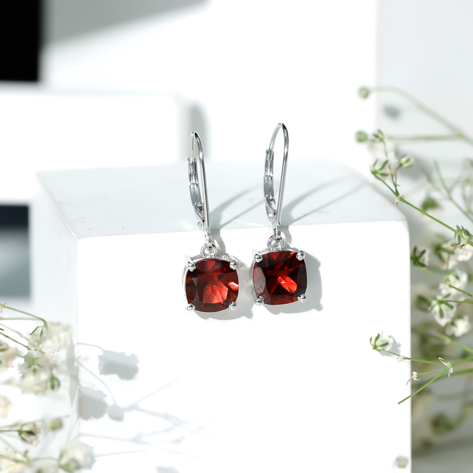 8 MM Cushion Cut Garnet Solitaire Drop Earrings with Lever Back