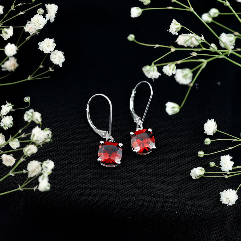 8 MM Cushion Cut Garnet Solitaire Drop Earrings with Lever Back