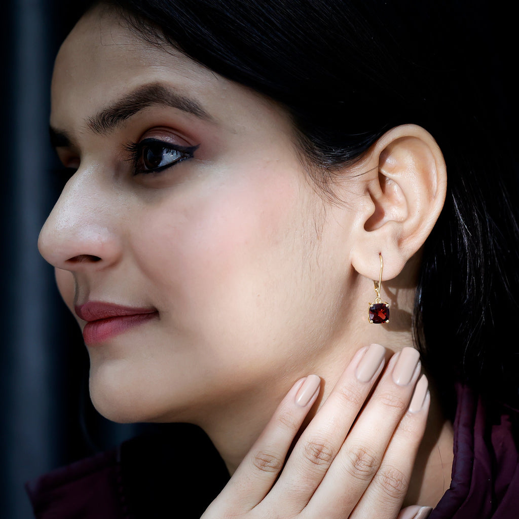8 MM Cushion Cut Garnet Solitaire Drop Earrings with Lever Back