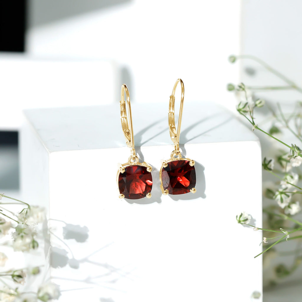 8 MM Cushion Cut Garnet Solitaire Drop Earrings with Lever Back