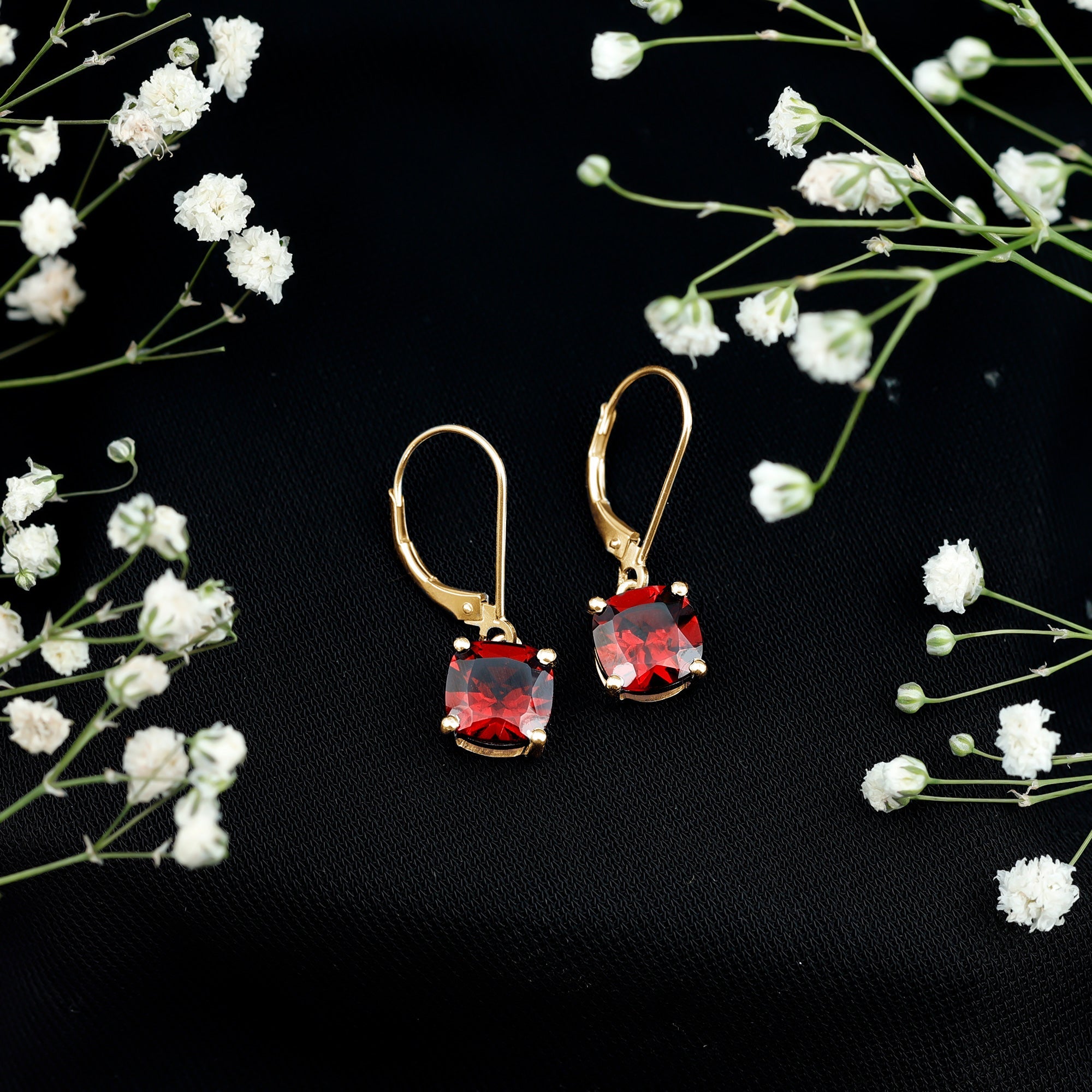 8 MM Cushion Cut Garnet Solitaire Drop Earrings with Lever Back