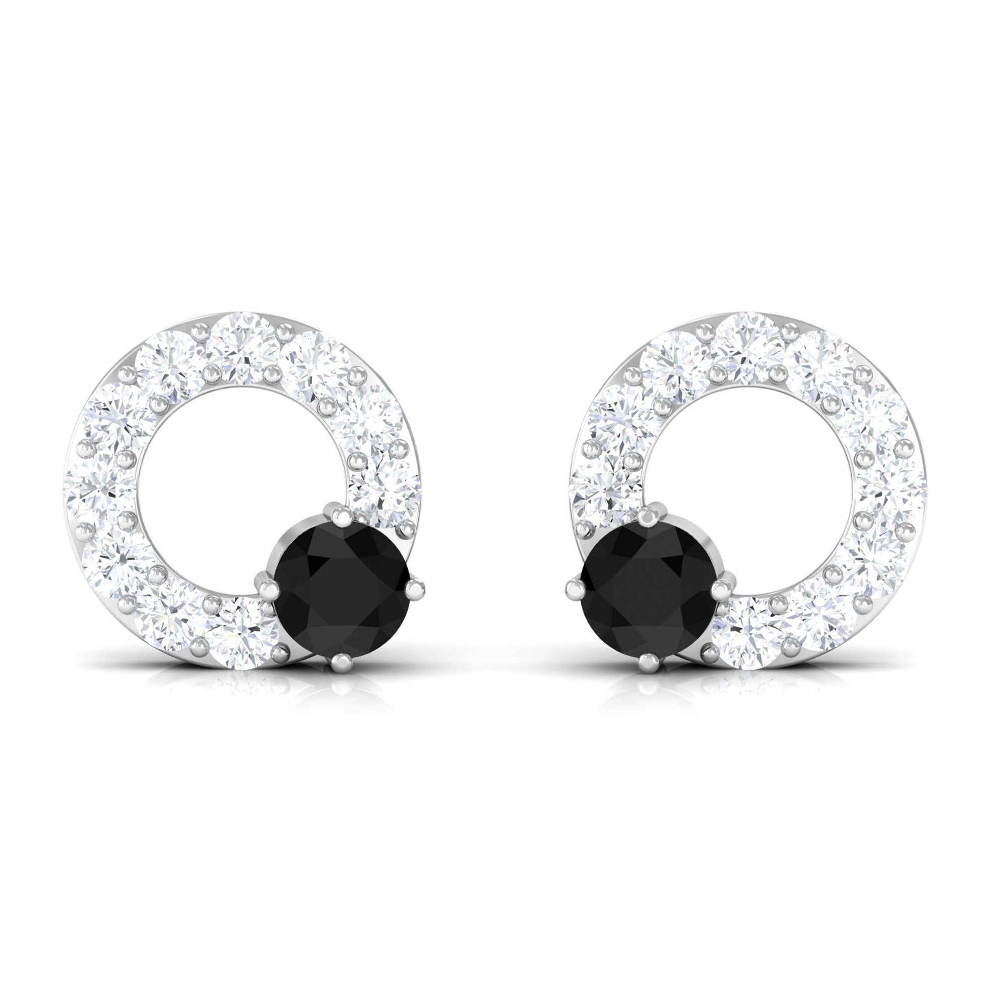 Real Black Onyx Circle Stud Earrings with Diamond