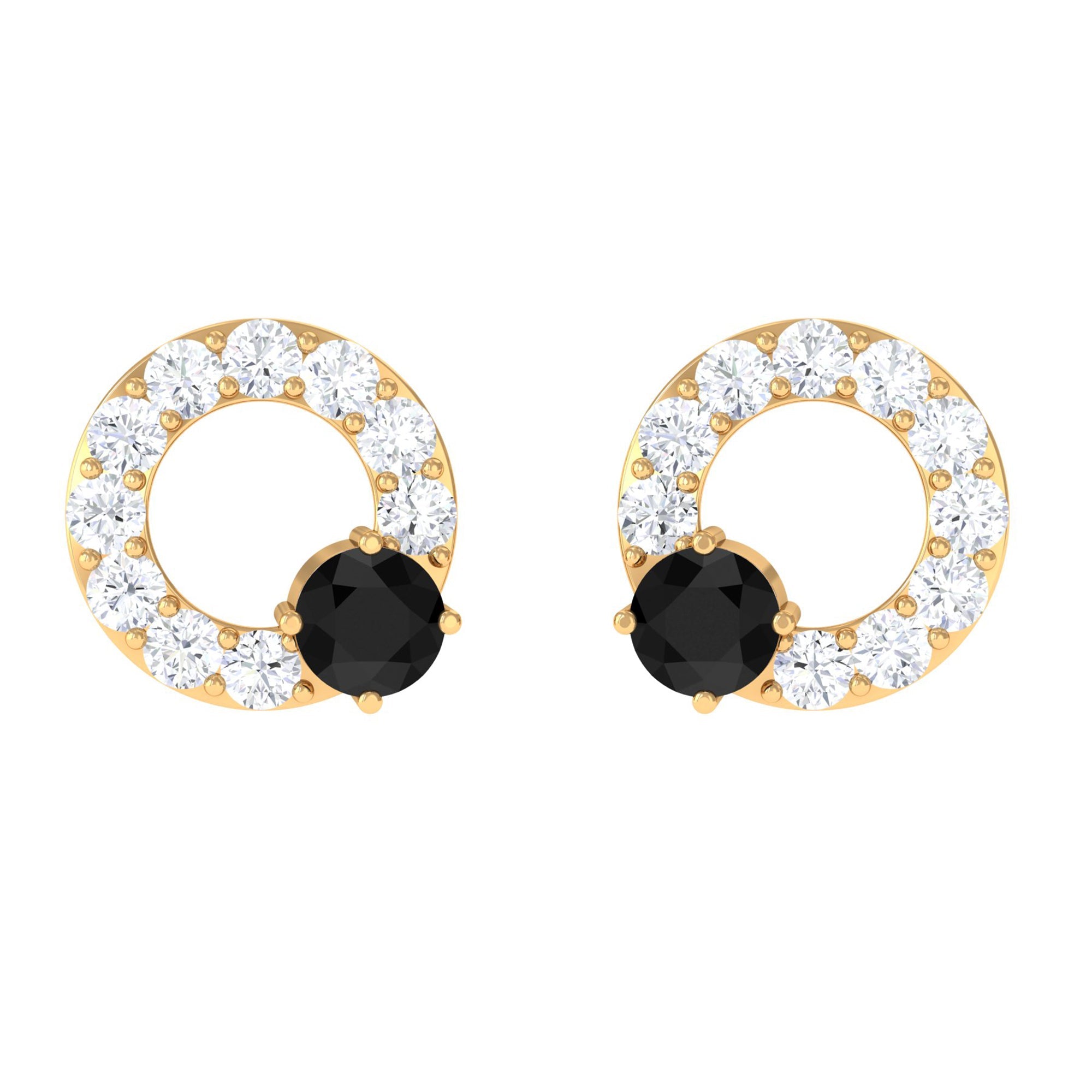 Real Black Onyx Circle Stud Earrings with Diamond