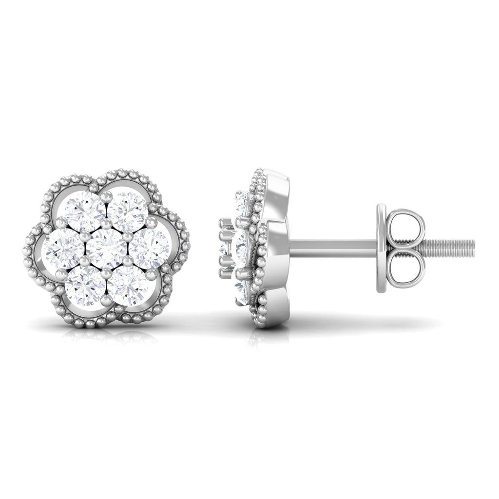 Genuine Diamond Flower Stud Earrings with Screw Back