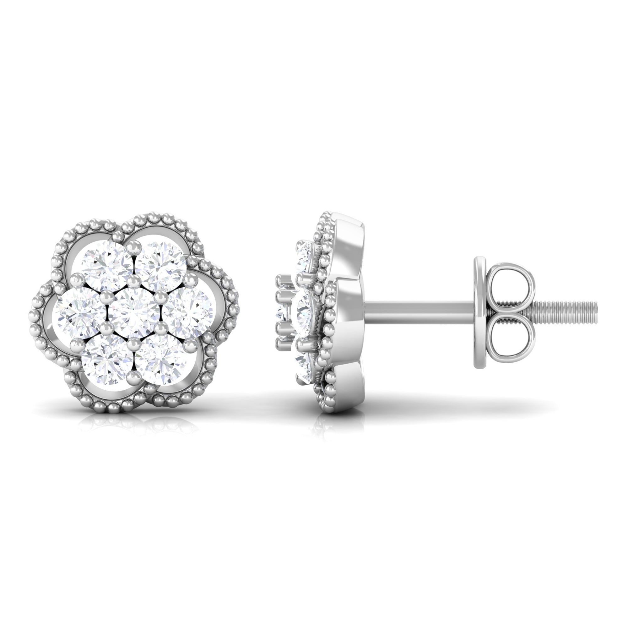 Genuine Diamond Flower Stud Earrings with Screw Back