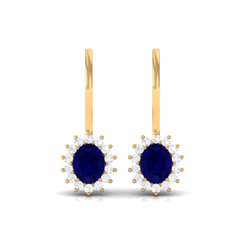 1.25 CT Oval Blue Sapphire Drop Earrings with Diamond Halo