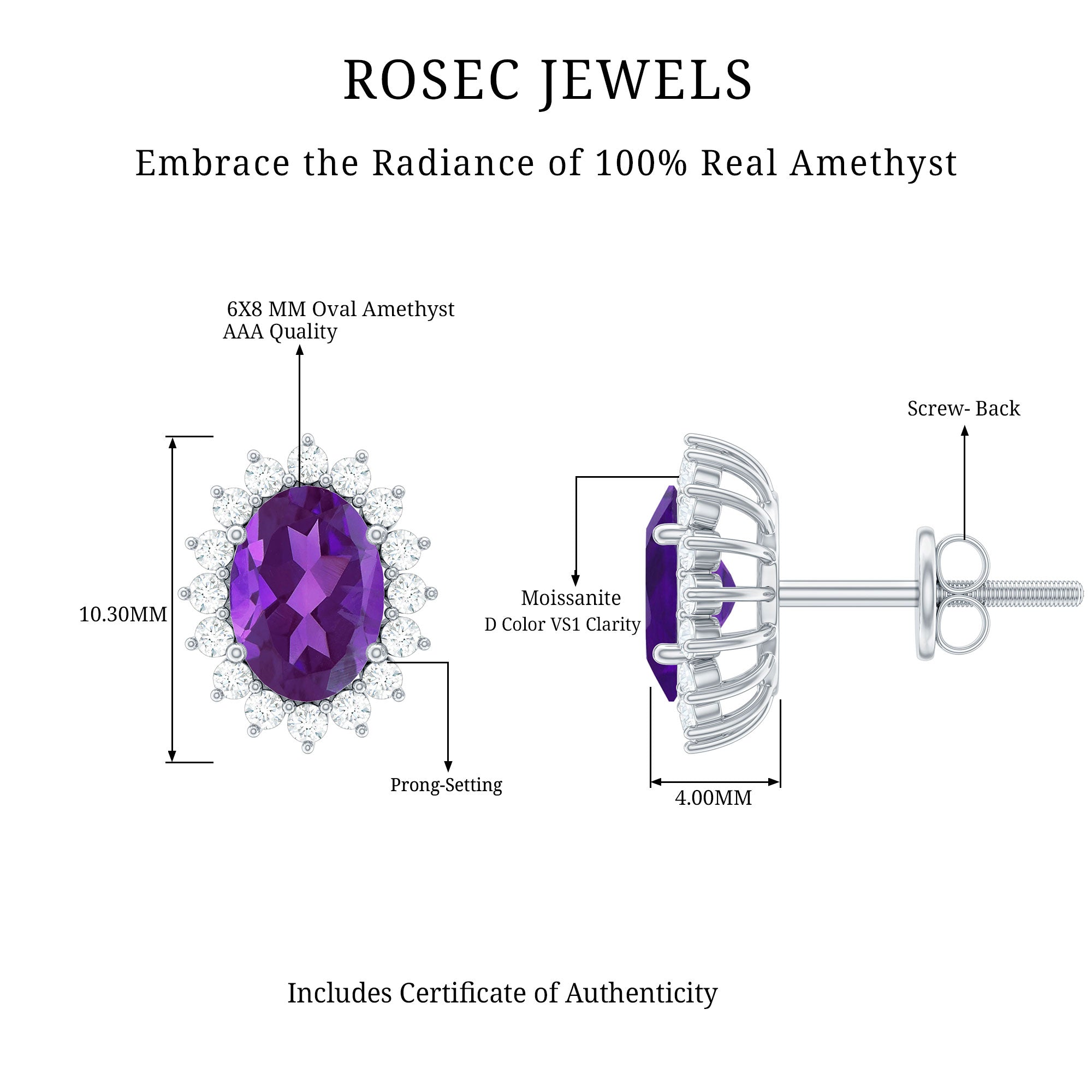 Oval 2.2 Carat Amethyst Stud Earrings With Moissanite Halo