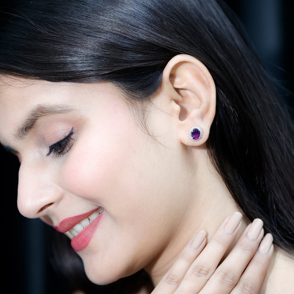 Oval 2.2 Carat Amethyst Stud Earrings With Moissanite Halo