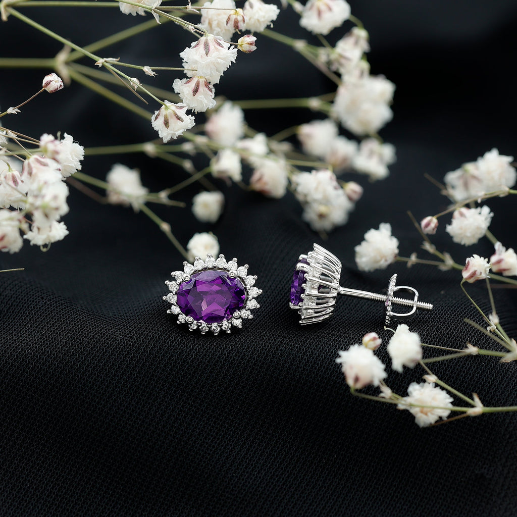 Oval 2.2 Carat Amethyst Stud Earrings With Moissanite Halo