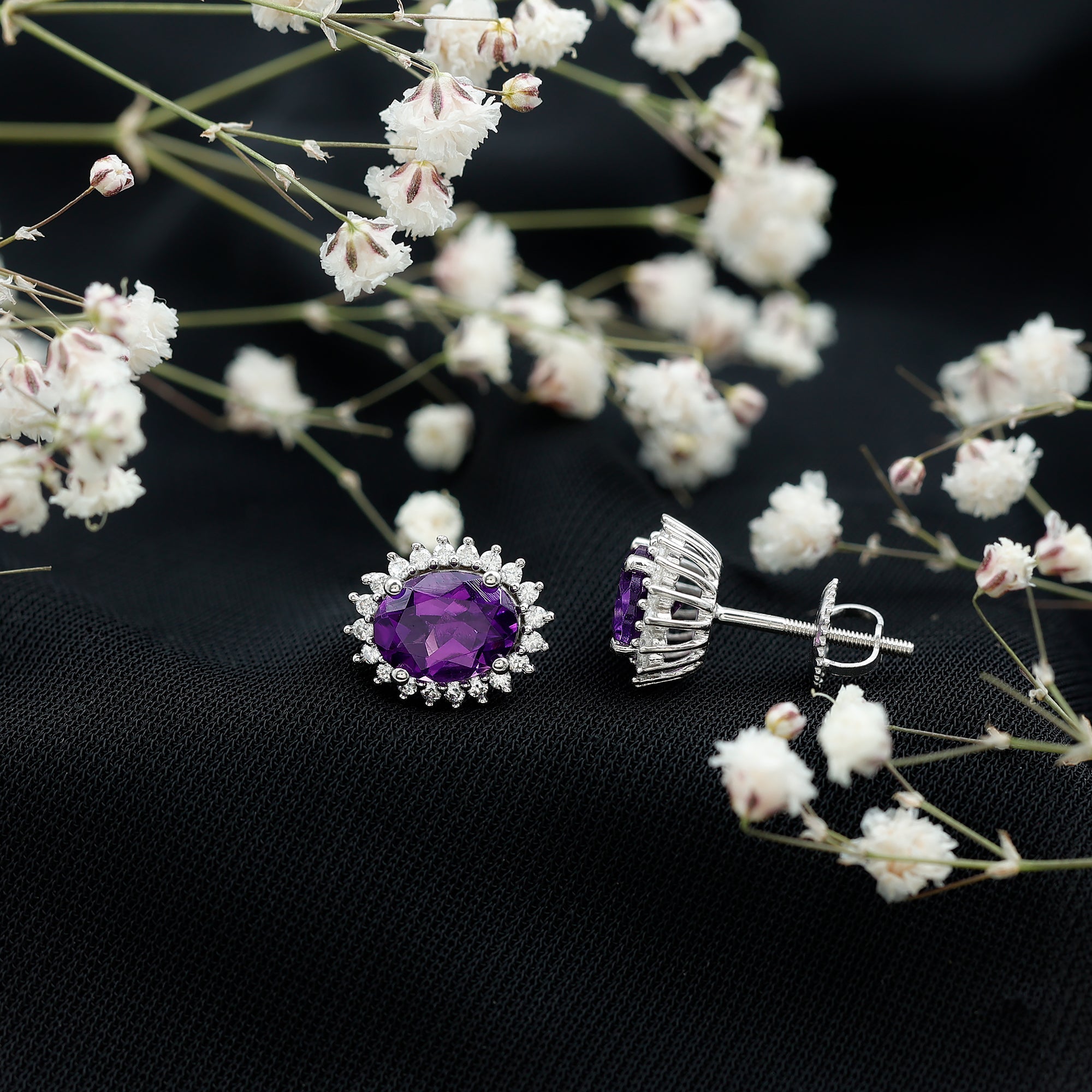 Oval 2.2 Carat Amethyst Stud Earrings With Moissanite Halo