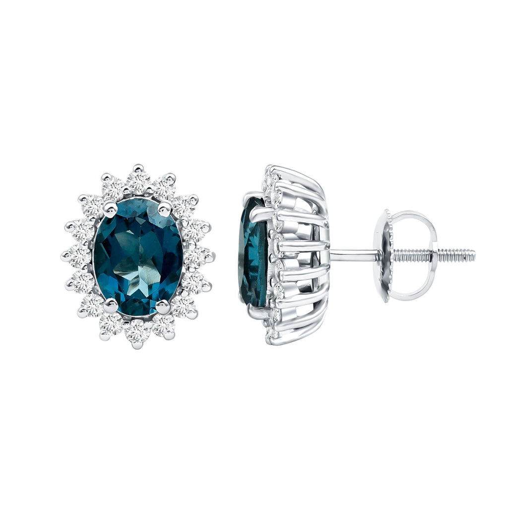 6X8MM Oval London Blue Topaz Stud Earrings with Moissanite Halo